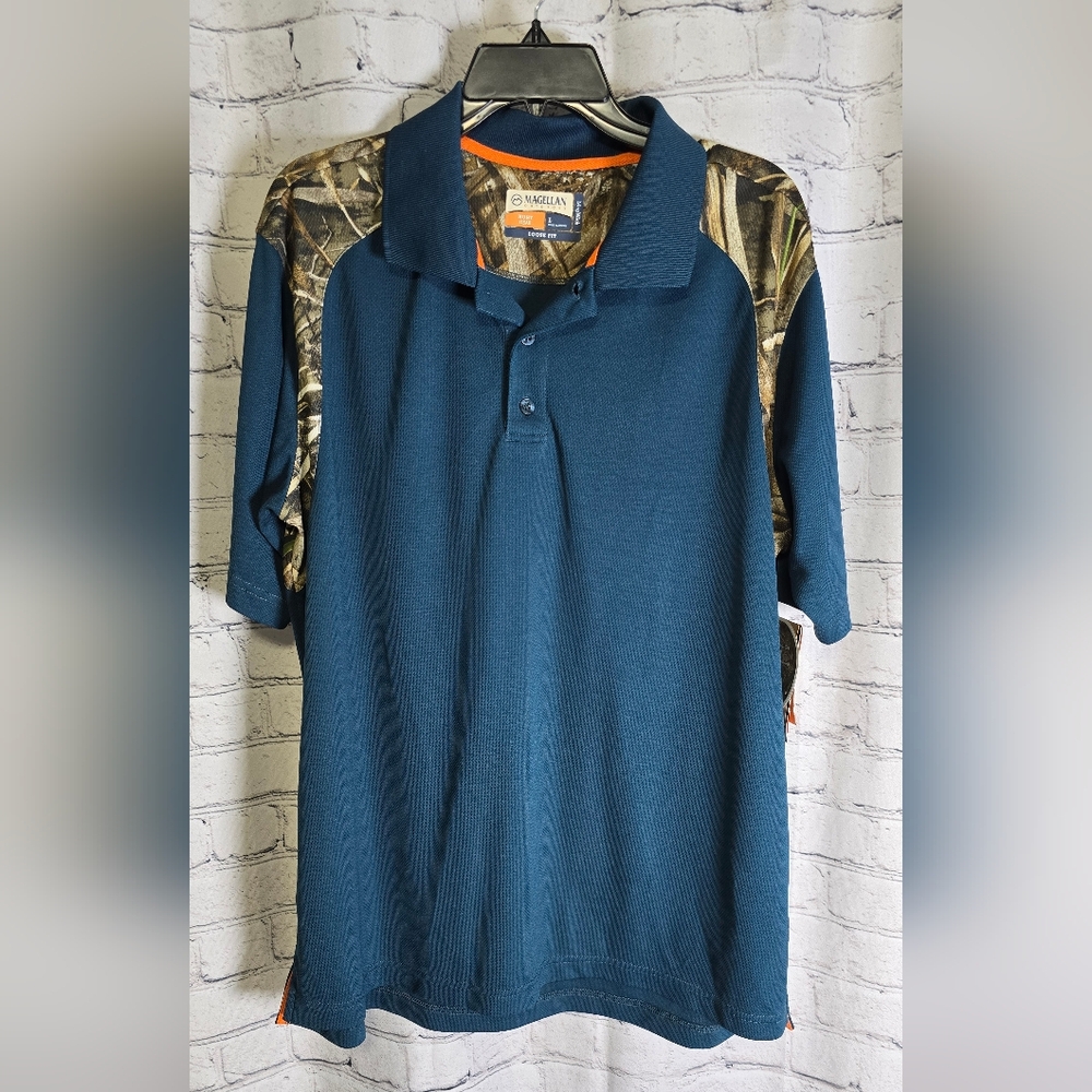 Magellan Hunt Gear Camo/Teal Loose Fit Polo‎ Shirt Size Large